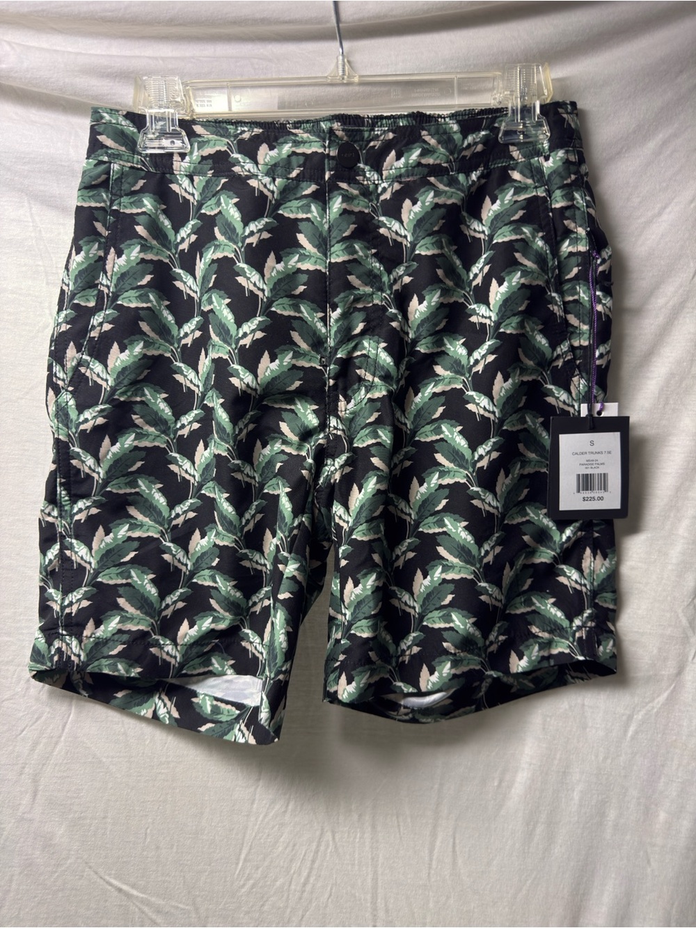 Onia Black Swim Trunks with Green and Cream Leaf Print